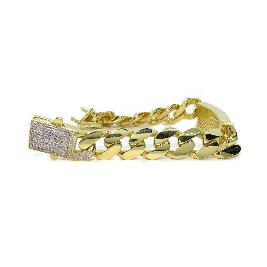 Impresionante pulsera para hombre de oro amarillo de 18k de 21.00 cm de larga y 1.40 cm de ancha, modelo barbada plana con placa, cierre mónaco - Imagen 5