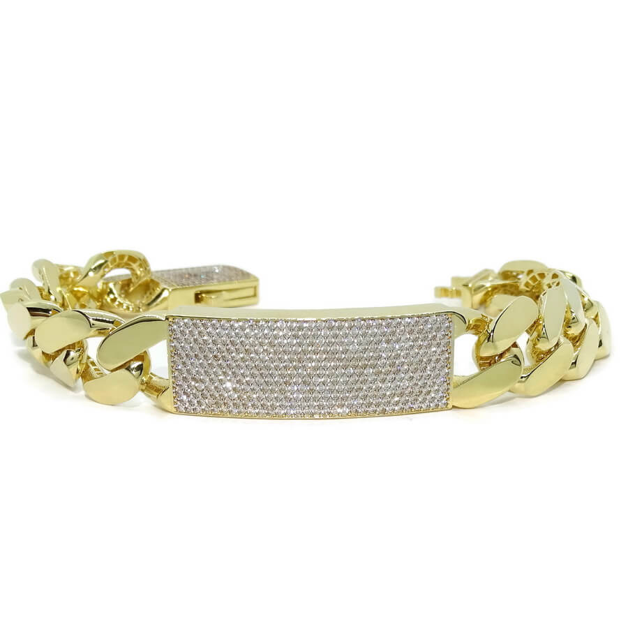 Impresionante pulsera para hombre de oro amarillo de 18k de 21.00 cm de larga y 1.40 cm de ancha, modelo barbada plana con placa, cierre mónaco - Imagen 3