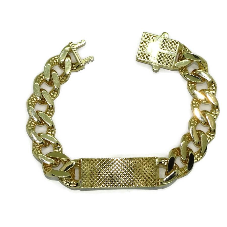 Impresionante pulsera para hombre de oro amarillo de 18k de 21.00 cm de larga y 1.40 cm de ancha, modelo barbada plana con placa, cierre mónaco - Imagen 8