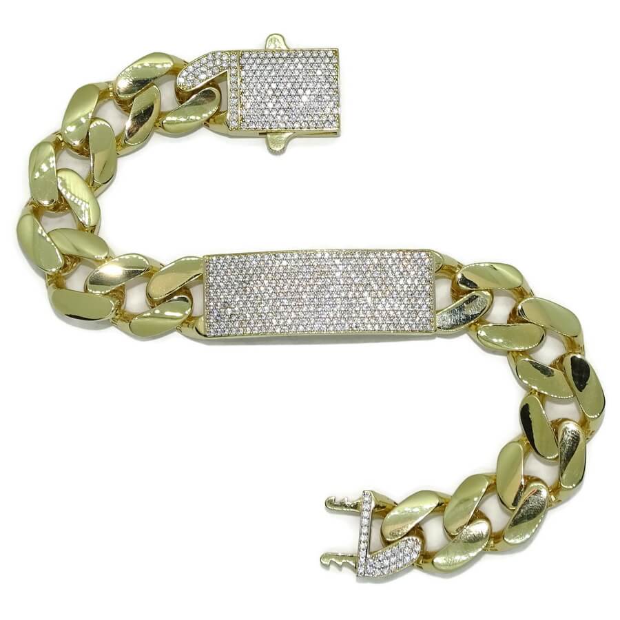 Impresionante pulsera para hombre de oro amarillo de 18k de 21.00 cm de larga y 1.40 cm de ancha, modelo barbada plana con placa, cierre mónaco - Imagen 6