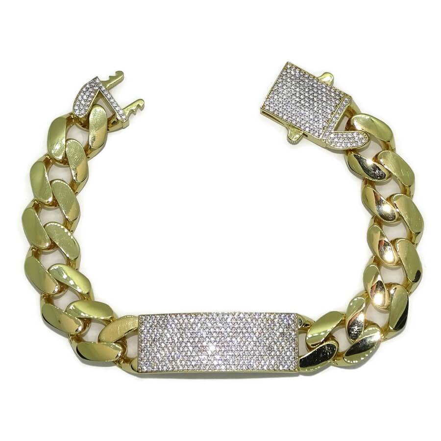Impresionante pulsera para hombre de oro amarillo de 18k de 21.00 cm de larga y 1.40 cm de ancha, modelo barbada plana con placa, cierre mónaco