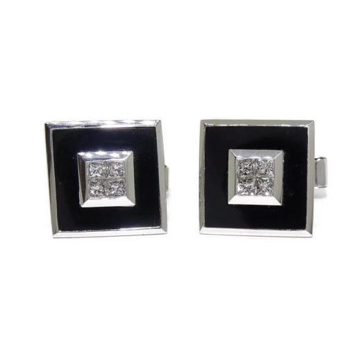 Gemelos de oro blanco de 18k macizo con 2 onix de 4.73cts y 8 diamantes talla princesa de 0.74cts