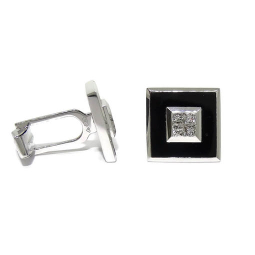 Gemelos de oro blanco de 18k macizo con 2 onix de 4.73cts y 8 diamantes talla princesa de 0.74cts - Imagen 4