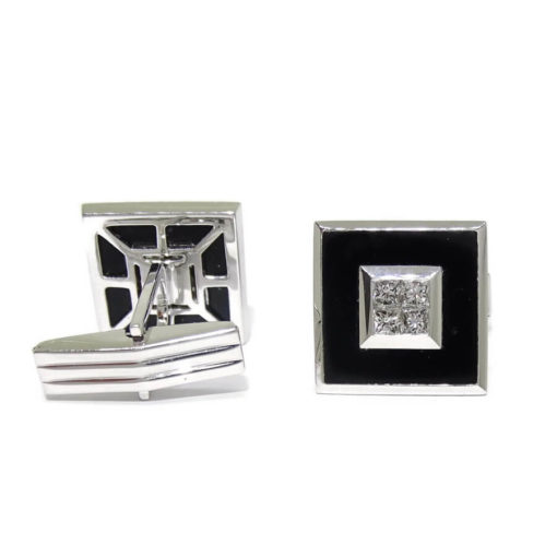Gemelos de oro blanco de 18k macizo con 2 onix de 4.73cts y 8 diamantes talla princesa de 0.74cts - Imagen 3