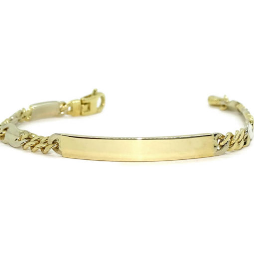 Pulsera para hombre de oro macizo de 18k amarillo y blanco con placa, de 2.00mm de grosor y 21.00cm de larga. 100% personalizable.