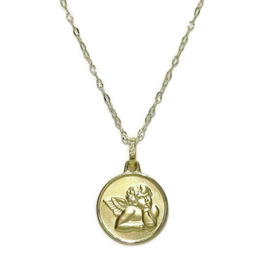 Medalla para bebé con Angelito de 14mm y cadena italiana estriada de 40cm todo oro 18k