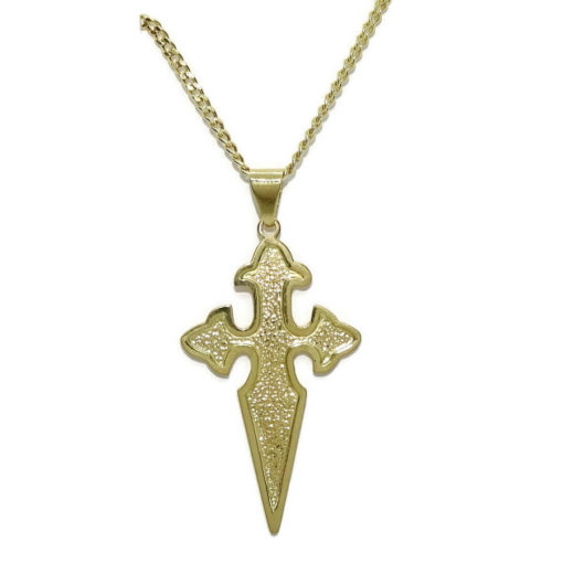 Cruz de Santiago en oro amarillo macizo de 18k para hombre mate y brillo con cadena barbada plana.