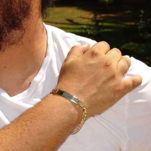 Pulsera para hombre de oro amarillo de 18k con placa y cadena barbada hueca de 6.50 mm de ancho. - Imagen 2