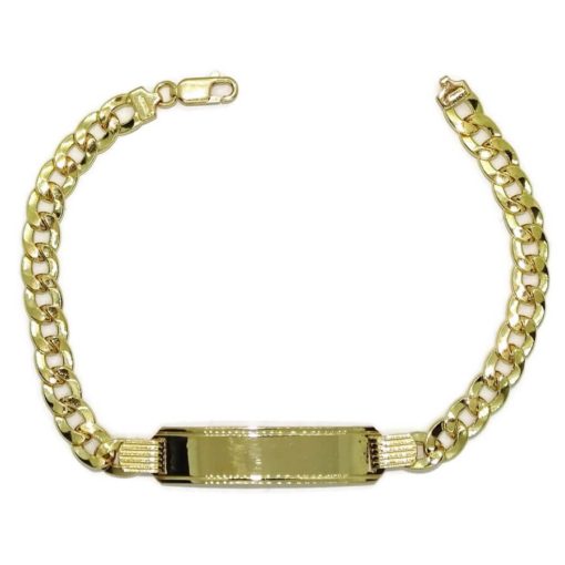 Pulsera para hombre de oro amarillo de 18k con placa y cadena barbada hueca de 6.50 mm de ancho.