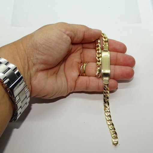 Pulsera para hombre de oro amarillo de 18k con placa y cadena barbada hueca de 6.50 mm de ancho. - Imagen 3