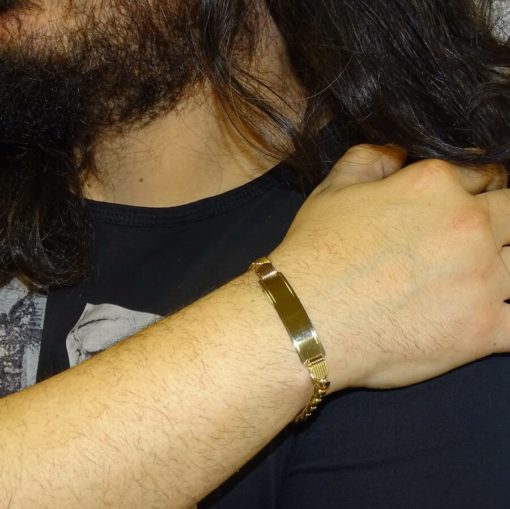 Pulsera para hombre muy grande de oro amarillo de 18k con placa y cadena barbada. - Imagen 2