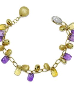 Preciosa pulsera de oro amarillo de 18k con 4 citrinos, 7 amatistas y 11 pepitas de oro.