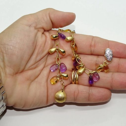 Preciosa pulsera de oro amarillo de 18k con 4 citrinos, 7 amatistas y 11 pepitas de oro. - Imagen 3