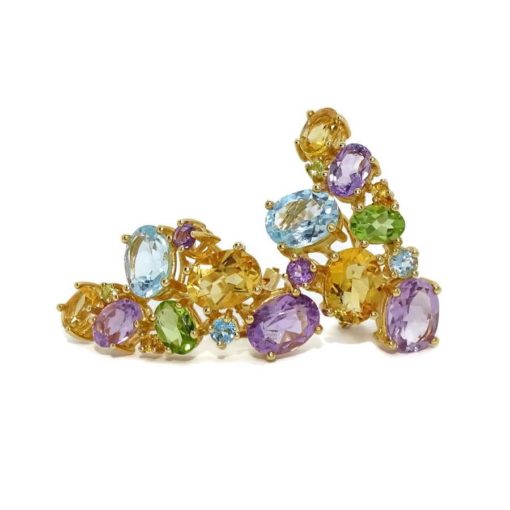 Pendientes de oro amarillo de 18K con 20 piedras finas de color. 3.00 cm de largos