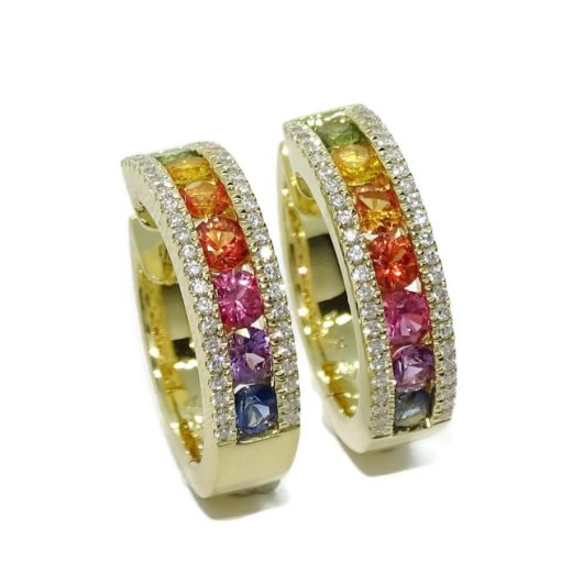 Impresionantes pendientes para mujer con 88 diamantes auténticos y 14 zafiros de color certificados montados en oro amarillo de 18k. - Imagen 5