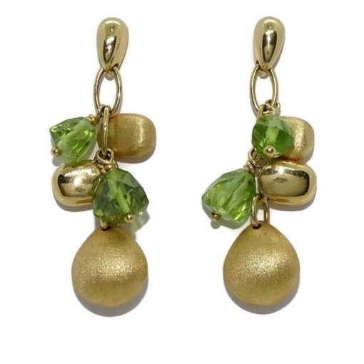Pendientes de oro amarillo de 18K con 4 pepitas de oro amarillo y piedras finas de color verde