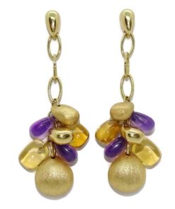 Increíbles y largos pendientes de oro amarillo de 18K con 4 pepitas de oro amarillo mate y brillo