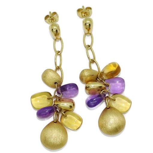 Increíbles y largos pendientes de oro amarillo de 18K con 4 pepitas de oro amarillo mate y brillo - Imagen 6