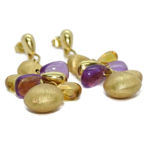 Increíbles y largos pendientes de oro amarillo de 18K con 4 pepitas de oro amarillo mate y brillo - Imagen 5