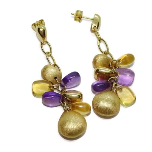 Increíbles y largos pendientes de oro amarillo de 18K con 4 pepitas de oro amarillo mate y brillo - Imagen 4
