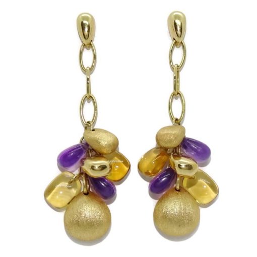 Increíbles y largos pendientes de oro amarillo de 18K con 4 pepitas de oro amarillo mate y brillo