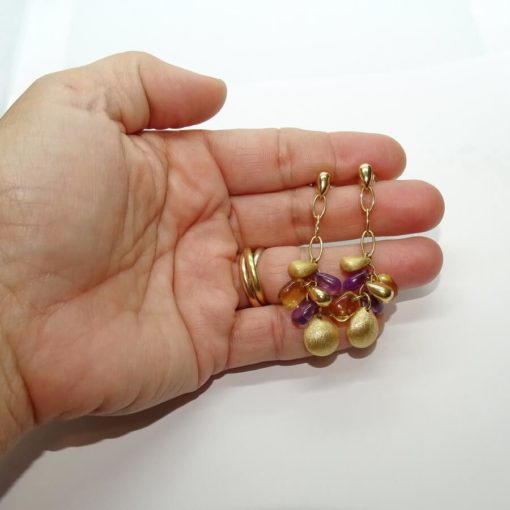 Increíbles y largos pendientes de oro amarillo de 18K con 4 pepitas de oro amarillo mate y brillo - Imagen 3