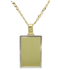 Placa de oro amarillo lisa con bisel de oro blanco y cadena maciza de oro todo de 18k de 60cm de larga para hombre o mujer.