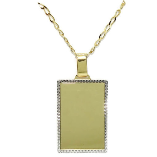 Placa de oro amarillo lisa con bisel de oro blanco y cadena maciza de oro todo de 18k de 60cm de larga para hombre o mujer.