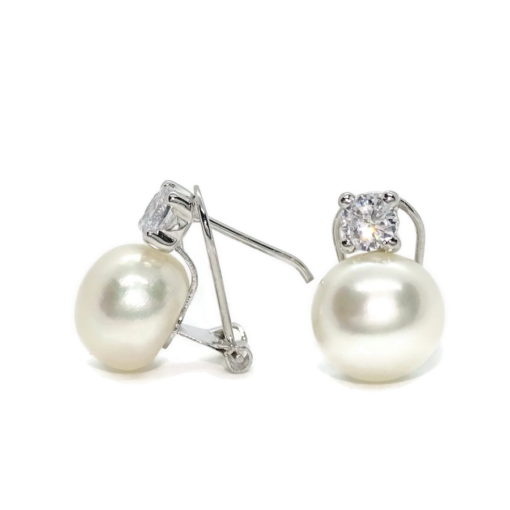 Preciosos pendientes "Tú y Yo" de oro blanco de 18K con 2 circonitas de 4mm y 2 perlas cultivadas - Imagen 3