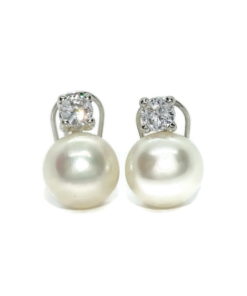 Preciosos pendientes "Tú y Yo" de oro blanco de 18K con 2 circonitas de 4mm y 2 perlas cultivadas