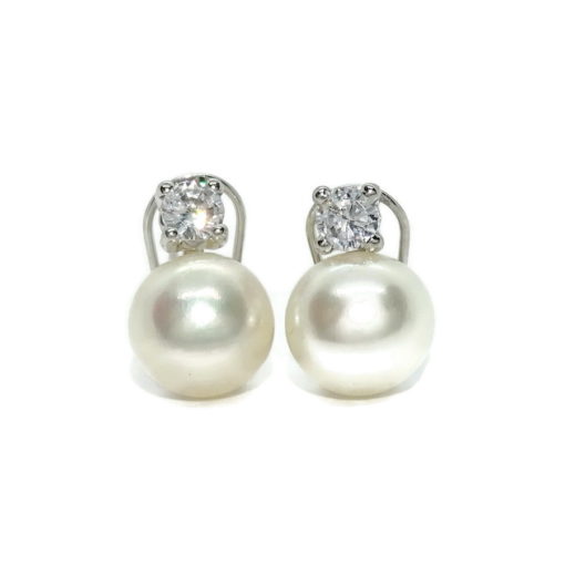 Preciosos pendientes "Tú y Yo" de oro blanco de 18K con 2 circonitas de 4mm y 2 perlas cultivadas