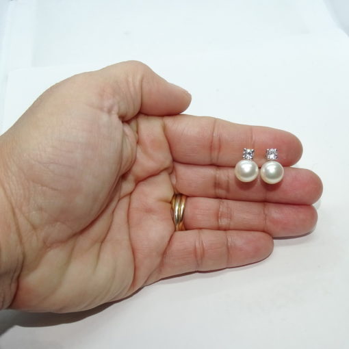 Preciosos pendientes "Tú y Yo" de oro blanco de 18K con 2 circonitas de 4mm y 2 perlas cultivadas - Imagen 4