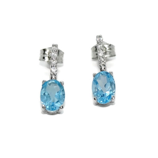 Preciosos pendientes largos de oro blanco de 18K con 8 circonitas blancas y 2 topacios azules. - Imagen 3