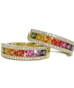 Impresionantes pendientes para mujer con 88 diamantes auténticos y 14 zafiros de color certificados montados en oro amarillo de 18k.