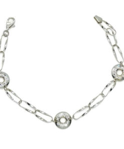 Pulsera de oro blanco de 18k para mujer con circulos con circonitas y cadena ondulada.