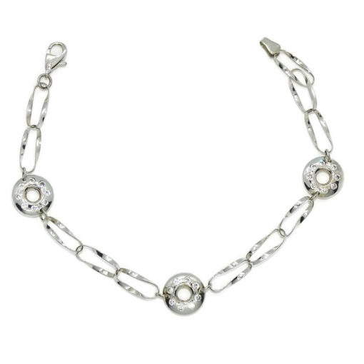 Pulsera de oro blanco de 18k para mujer con circulos con circonitas y cadena ondulada.