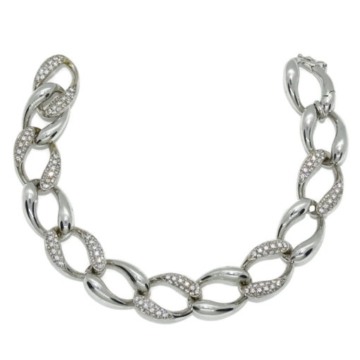 Pulsera de oro blanco de 18k de eslabones de 2.00cm de anchos por 1.40cm de altos y circonitas.