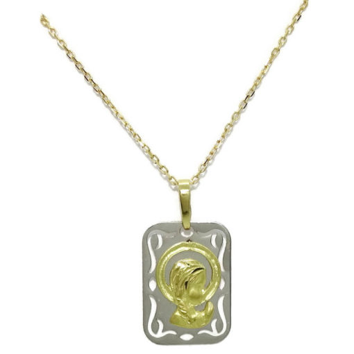Medalla bicolor de oro de 18k calada con la Virgen Niña y cadena forzada de 45cm especial comunión y mujer