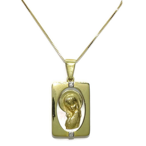 Medalla de oro de 18k y nácar con la Virgen jovencita y diamantes. Cadena veneciana de 45.00 cm todo oro 18k.