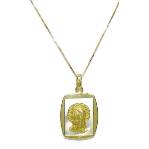 Medalla de oro de 18k y nácar con la Virgen niña y diamantes.