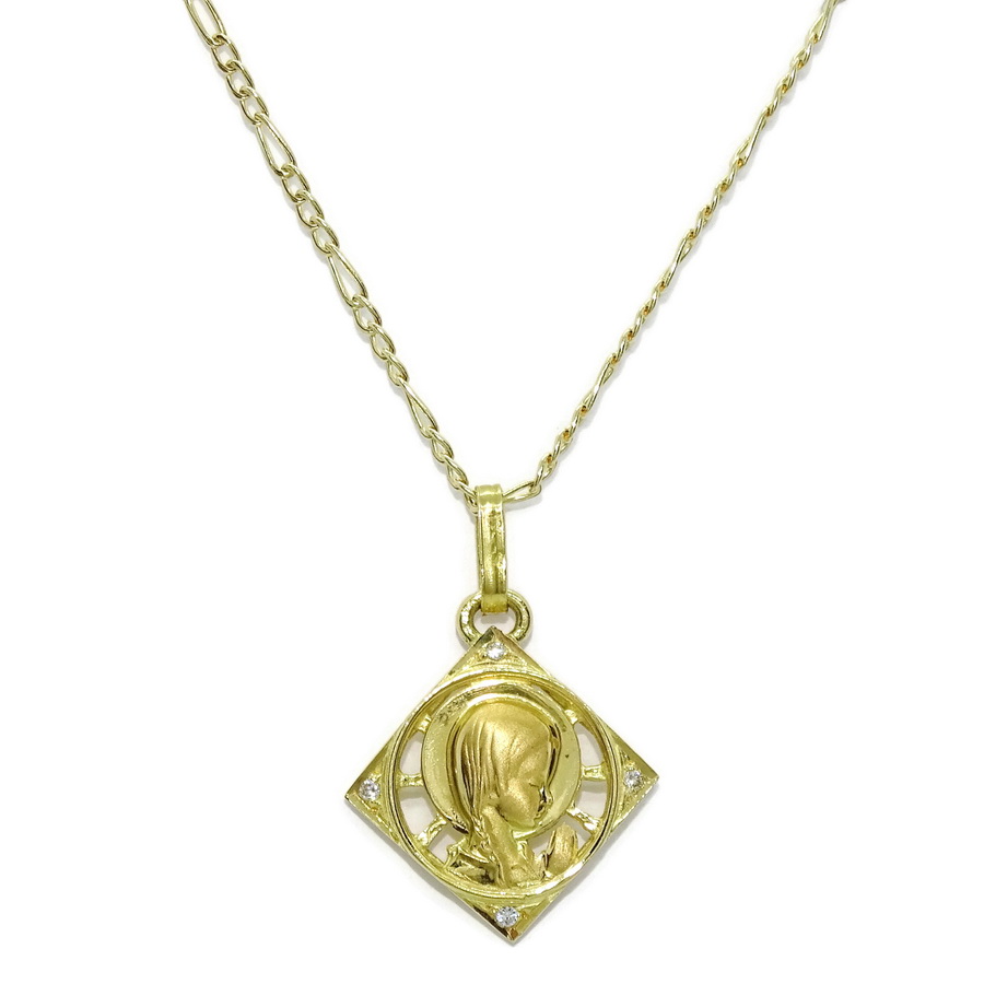 Medalla de oro amarillo de 18k calada con la Virgen Niña y circonitas .Cadena 3X1 de 45cm especial comunión y mujer