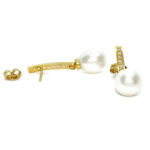 Pendientes para mujer de oro amarillo de 18k con circonitas engastadas con 4 garras y perlas cultivadas tipo pera - Imagen 5