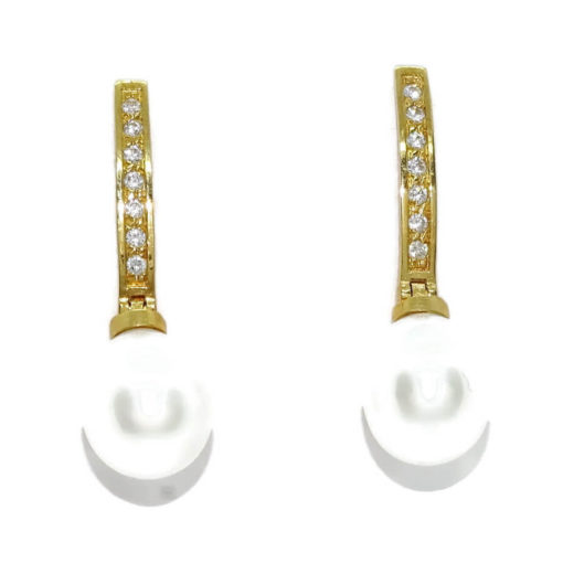 Pendientes para mujer de oro amarillo de 18k con circonitas engastadas con 4 garras y perlas cultivadas tipo pera