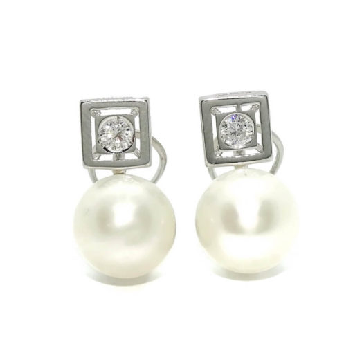 Pendientes tu y yo para mujer de oro blanco de 18k con 0.22cts de diamantes y perla cultivada.