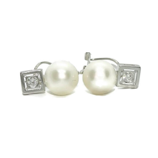 Pendientes tu y yo para mujer de oro blanco de 18k con 0.22cts de diamantes y perla cultivada. - Imagen 5