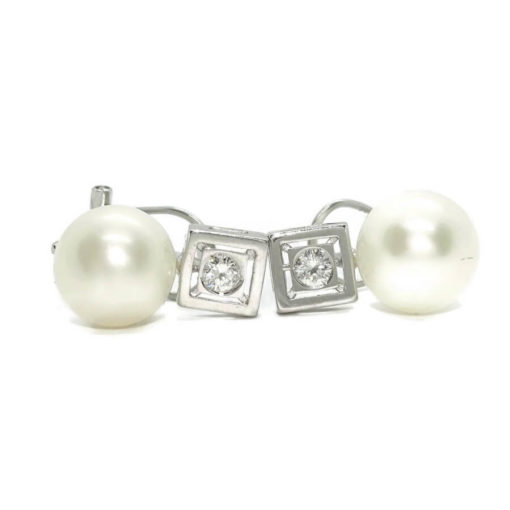 Pendientes tu y yo para mujer de oro blanco de 18k con 0.22cts de diamantes y perla cultivada. - Imagen 4