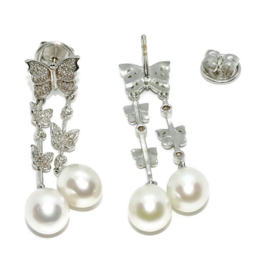 Preciosos pendientes para mujer con perlas cultivadas tipo pera y diamantes en oro blanco de 18k. - Imagen 5