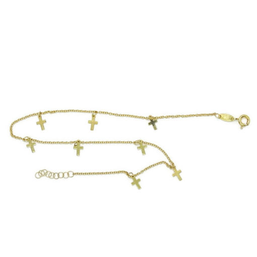 Tobillera de oro amarillo de 18k con cadena rolo y 8 cruces Cruces - Imagen 5