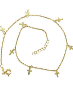 Tobillera de oro amarillo de 18k con cadena rolo y 8 cruces Cruces