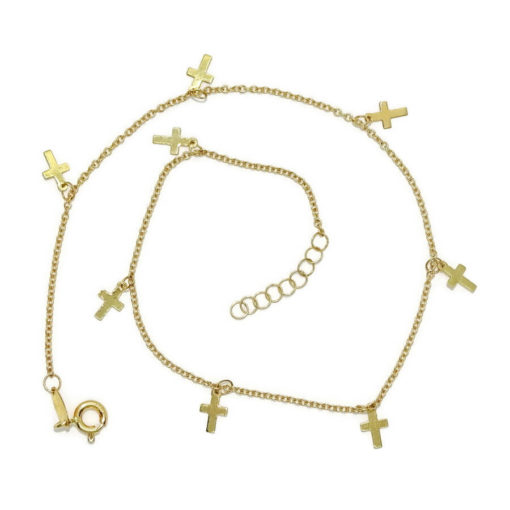 Tobillera de oro amarillo de 18k con cadena rolo y 8 cruces Cruces